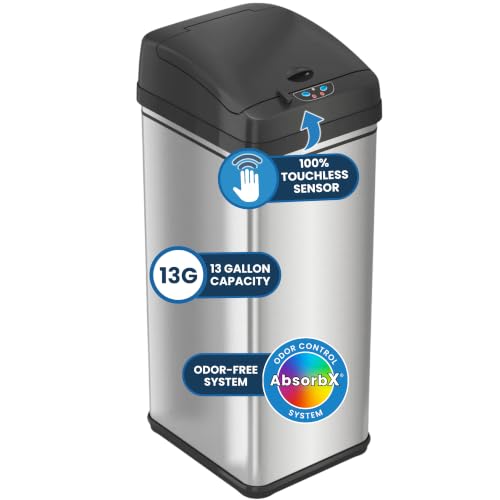 iTouchless 50 Liter / 13 Gallon Sensor Dog-Proof Kitchen Trash Can with Lid Lock and AbsorbX Odor Filter, Touchless Lid, Stainless Steel Garbage Recycling Bin for Kitchen, Home, Office, Business
