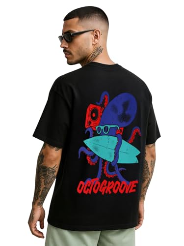 Image of Veirdo Pure Cotton Oversized Baggy Fit Drop Shoulder Stylish and Graphic Printed Round Neck Half Sleeves T-Shirt for Men (Available Color Options: Black, Green, Royal Blue, Lilac & Sky Blue)