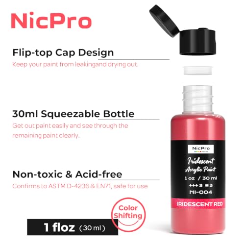 Image of Nicpro 12 Colors Iridescent Acrylic Paint Set,1oz Chameleon Metallic Paint | Color Shifting Glitter Craft Paint, Non-Toxic DIY Art Painting Supplies,Paint Kit for Canvas Rocks Wood Glass Ceramic Fabric