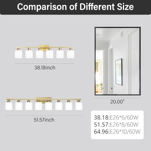 Image of 8 Light Bathroom Light Fixtures Gold for Big Mirror, Brushed Gold Vanity Lights for Bathroom with Milky White Frosted Glass Shades, 51 inch Wall Sconce for Mirrors Living Room Bedroom