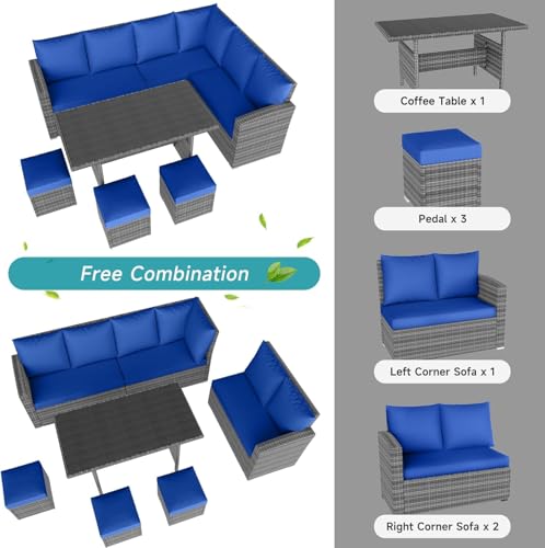 7 Piece Outdoor Patio Furniture Set with Plastic Wooden Table, Patio Rattan Conversationr Sofa Set, All Weather Sectional Rattan Sofa and Chairs, Garden, Porch, Poolside, Blue