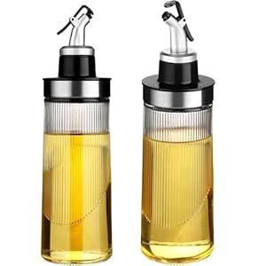 HOMGEN 2packs Anti-slip Olie Dispenser Fles voor Keuken 380ml Hoge Hardheid Loodvrij Glas Koken Olie Dispenser Lekvrije Olijfolie Dispenser Met 4 Olie Nozzle & Reinigingsborstel voor Keuken etc