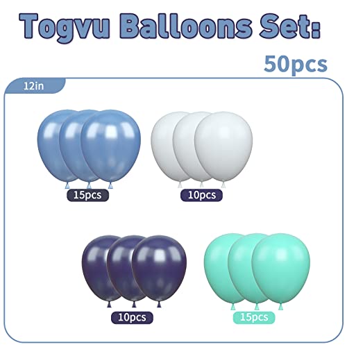 Blue White Balloons, 50 Pcs 12 Inch Teal Blue Navy Blue Light Blue Matte White Latex Balloons, Turquoise Blue White Aqua Balloon for Girls Boys Birthday Baby Bridal Shower Wedding Party Decorations by Togvu - Used condition - Image 2