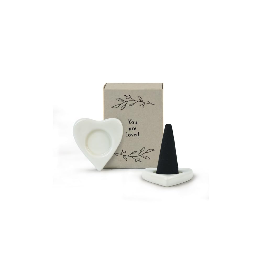 East of India Mini Matchbox Incense Holder & Two Incense Cones Black Pomegranate Porcelain Inspirational Quote "You Are Loved" Heart Aromatherapy 4.5 x 3.4 x 2cm