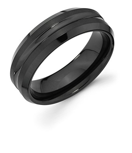 Boston Bay Diamonds Men's 7MM Comfort Fit Black Ceramic Wedding Band Ring w/Center Channel Accent