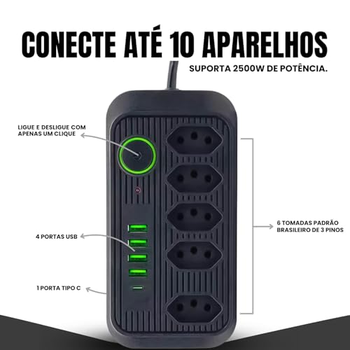 Filtro de Linha Preto Extensão Tomada Régua de Energia 5 Tomadas 4 Interfaces USB 1 Porta USB Tipo C