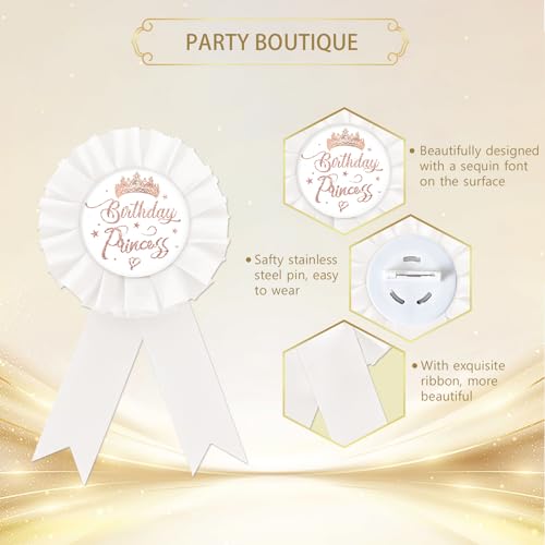 Birthday Princess Tinplate Badge Pin, Rose Gold Crown Birthday Girl Button Pin, Birthday White Rosette Badge Pin for Girl, Brooch Buttons for Girl's Birthday Party, Happy Birthday Award Badge Pin for Baby Girl2