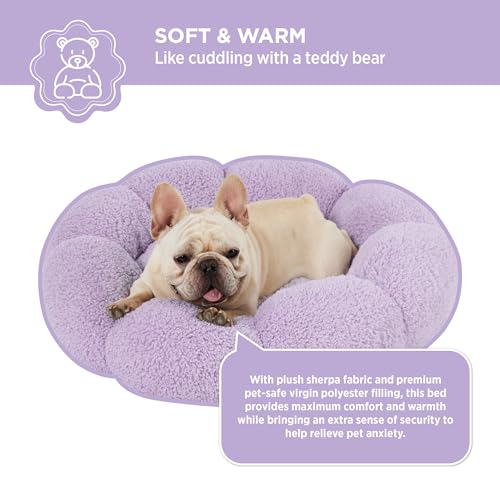 Lesure Calming Medium Dog Bed - Flower Donut Round Fluffy Puppy Bed in Plush Teddy Sherpa, Non-Slip Cute Flower Cat Beds for Indoor Cats, Medium Pet Bed Fits up to 45 lbs, Machine Washable, Purple 30"
