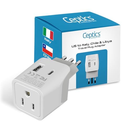 Image of Italy, Chile, Uruguay Travel Adapter Plug by Ceptics with Dual USB - USA Input - Type L - Ultra Compact - Perfect for Cell Phones, Laptop, Camera Chargers, iWatch, iPad, iPhone and More (CTU-12A)