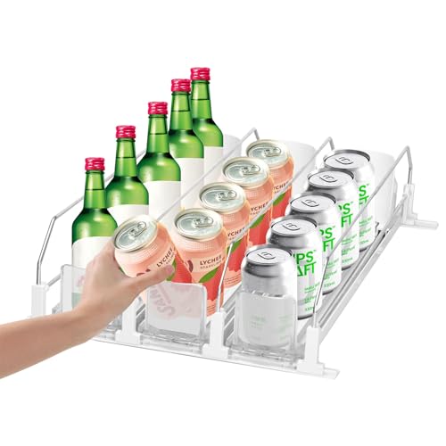 Domigard Drink Organizer, 3 Rows 38cm Automatic Can Dispenser, Holds 15 Cans, Width Adjustable Fridge Organization, Can Holder Dispenser with Pusher Glide