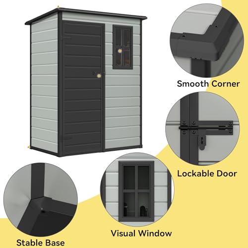 Image of DWVO 5x3 FT Outdoor Storage Shed with Floor, All-Weather Resin Storage Shed with Lockable Door & Window, Waterproof Plastic Tool Storage for Garden, Backyard, Patio, Lawn,Blue-Gray+Black