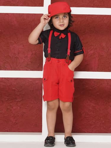 Image of AJ DEZINES Kids Clothing Cotton Blend Solid Shirt Shorts With Cap and Suspender Set For Boys
