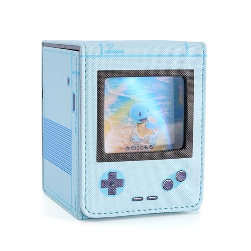 デッキケース トレカケース 推し窓 100枚収納 ゲーム機型 二重 三重スリーブ対応 縦入れ 仕切り2つ付き 革 可愛い (青)の商品画像（Amazon）