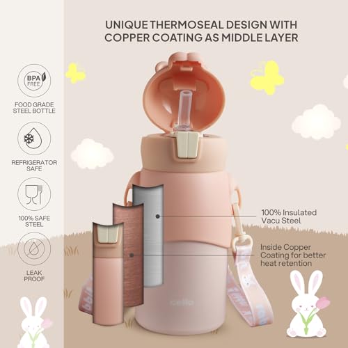 Image of Cello Bunny Kids Stainless Steel Flask 500ml, Peach | Double Walled Vacuum Insulated Technology | One Click Push Button to Open | Ideal for School, Sports, Picnics