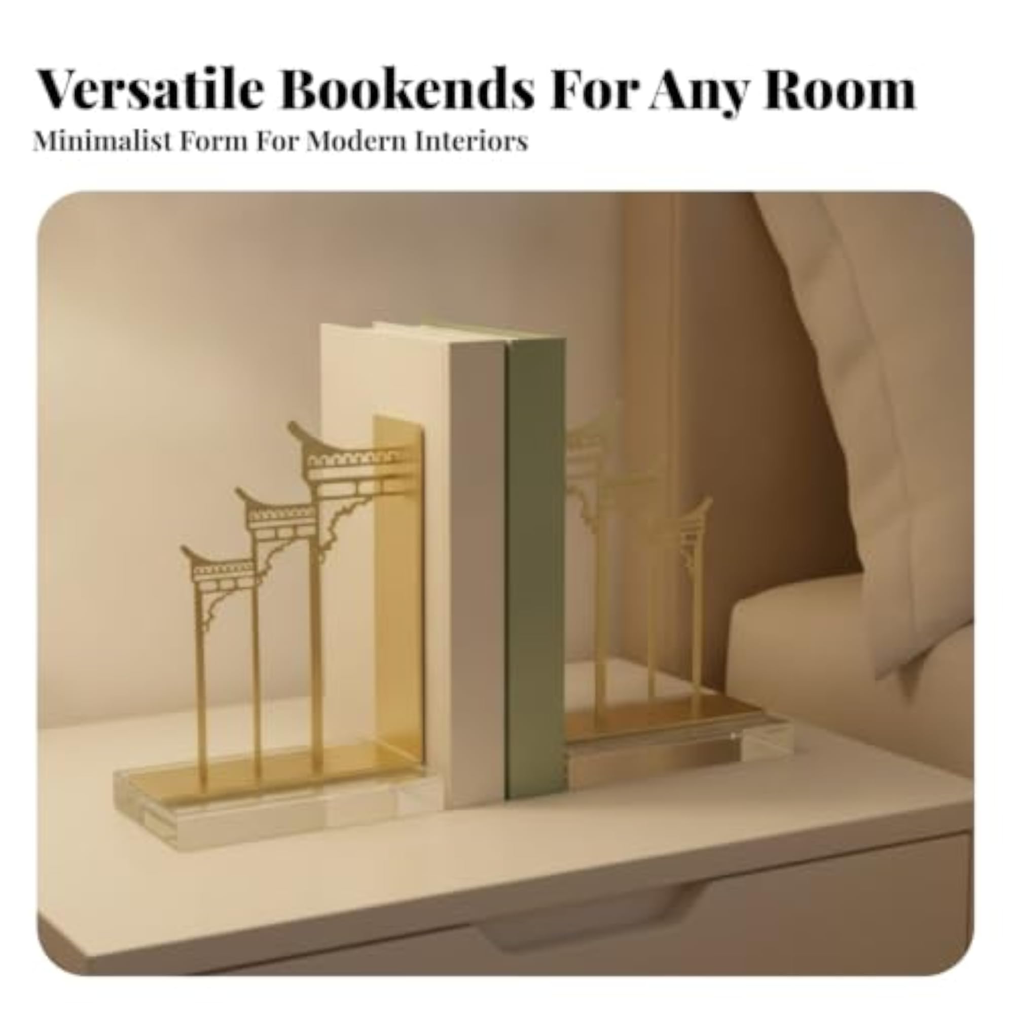 Sturdy Metal Bookends, Gold-Tone Geometric Design