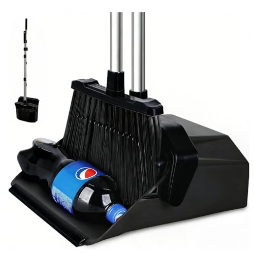 Image of Tiumso Upgrade Broom with Dustpan Combo Set, Broom and Dustpan Set with 51'' Long Handle, Large Upright Brooms and Dust Pans, ZeroGap Lip, Self-Cleaning Dustpan Teeth for Lobby and Restaurant - Black