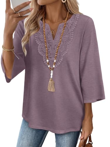 Image of WIHOLL 3 /4 Length Sleeve Womens Tops Boho V Neck Lace Shirt Trendy Blouses Dressy Casual Vacation Clothes S-3XL
