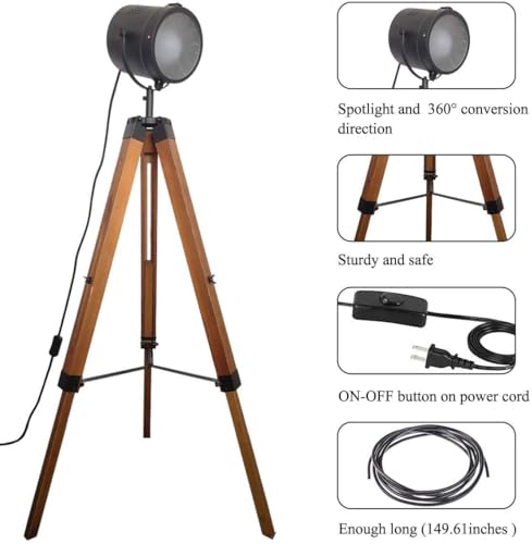 Image of Adjustable Vintage Wood Tripod Floor Lamp for Living Room, Spotlight Black