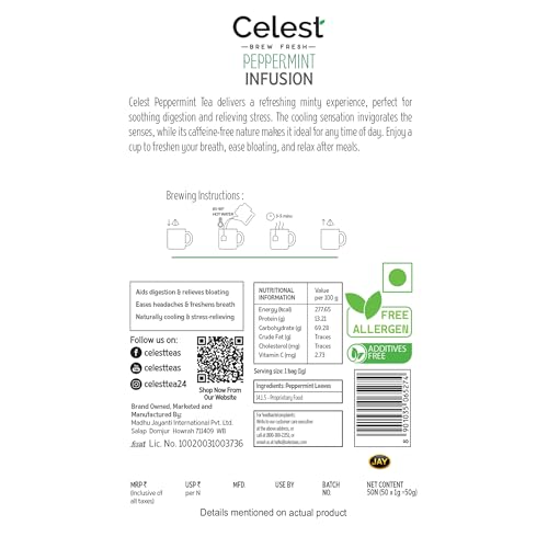 Image of Celest Peppermint Tea Bags 50 Count | Pure Mint Herbal Infusion | Caffeine Free Beverage | Premium Peppermint Leaves | Pyramid Sachets