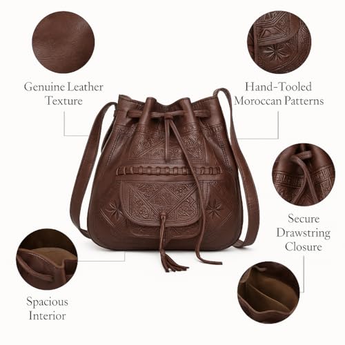 Moroccan Leather Bucket Bag, Handmade Boho Crossbody Drawstring Purse for Women4