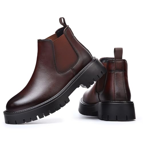 Men's Genuine Leather Slip On Chunky Platform Chelsea Boots Luxury Round Toe lug sole Work Dress boots Casual Non Slip Ankle Boots (13.5,Brown) by QOOEL - Used condition - Image 3