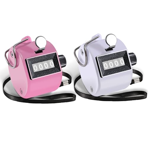 Clicker Counter Handheld Tally Counter 4-Digit Number Counter 2 Pack Hand Mechanical Counters Clickers Pitch Umpire Click Counter for Coaching Knitting People Lap Fishing Golf (Pink White)