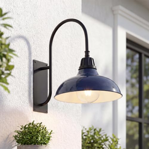 Image of JONATHAN Y 12.25 inch Navy /Black 1-Light Farmhouse Gooseneck Outdoor Wall Sconce Lamp, with Black Metal Bowl Shade, Industrial Iron LED Porch Light for Patio Garage Entryway (JYL7614C)