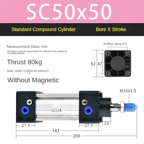 Cylindre pneumatique SC50 double effet à alésage 50mm sans magnétisme