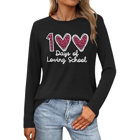 PECHAR 100 Days of School Shirt Teacher School Days Long Sleeve Shirts Funny 100 Days Celebration Gifts Tee Tops Cover