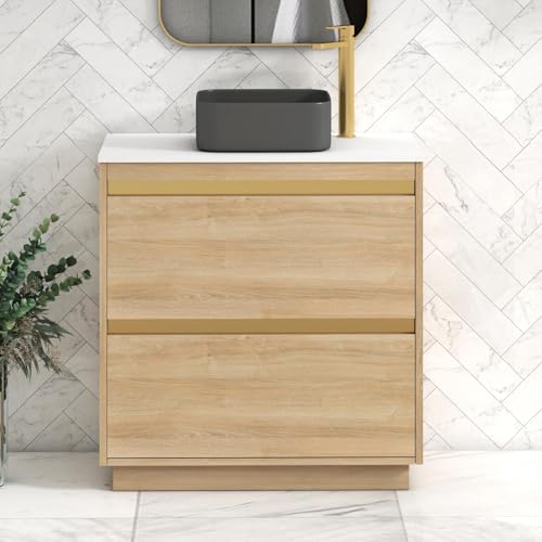 Image of Royal Bathrooms Orion 800mm Natural Oak Floor Standing Plain White Countertop Vanity Unit 2 Drawer with Art Square Basin & Brushed Brass Accent Trim