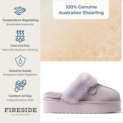 Dearfoams Women's Fireside Sydney Shearling Fur Indoor/Outdoor Scuff Slipper With Wide Widths, Lilac Platform, 82
