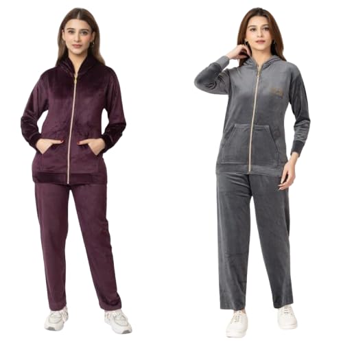 us trendz Women Velvet Super Soft Solid Night Suits/Tracksuit, Jacket with Hood & Payjama Combo Pack of 2-picture-25