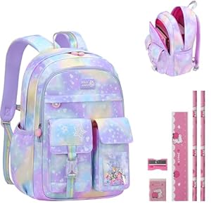 Aedcbaide School Bags for Girls with Stationery Set, Refrigerator Door Kids Backpack Rucksack for Primary School, Lightweight Pink School Bag for 8-10 Years Old (Girls, Purple)
