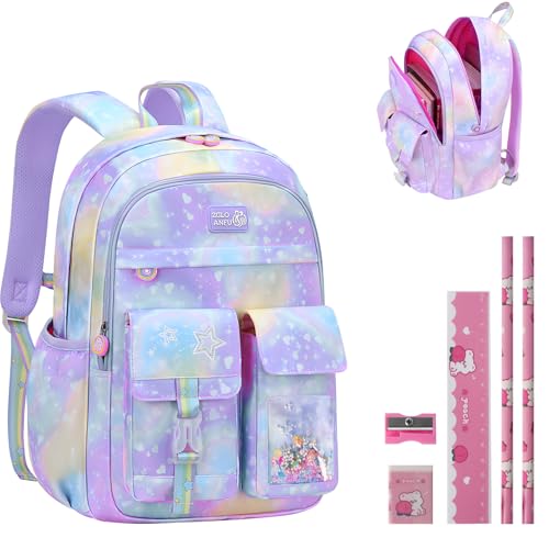 Aedcbaide School Bags for Girls with Stationery Set, Refrigerator Door Kids Backpack Rucksack for Primary School, Lightweight Pink School Bag for 8-10 Years Old (Girls, Purple)