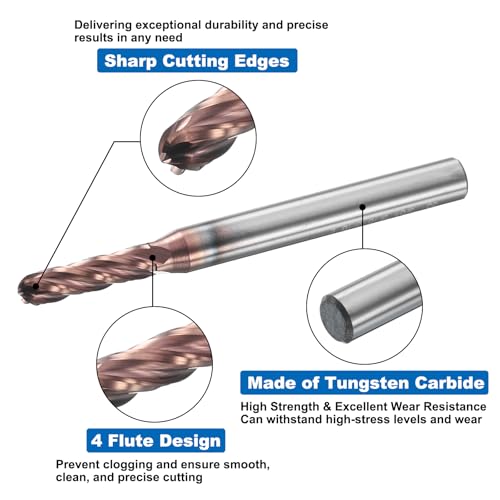Image of HARFINGTON 5 Pcs Ball Nose End Mill 4 Flute 9 /64 inch Diameter 3 /16 inch Shank Tungsten Carbide TiAlN Coated Spiral CNC Router Bits 9 /16 inch Cutting Length Single End Ball for Carving Engraving Grinding