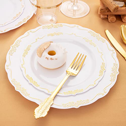 U-Qe 175Pcs Gold Plastic Plates & Pre Rolled Napkins With Gold Plastic Silverware For 25 Guests-25Dinner Plates, 25Dessert Plates, 25Cups, 25Forks, 25Knives, 25Spoons, 25Napkins For Party & Wedding #TOP1