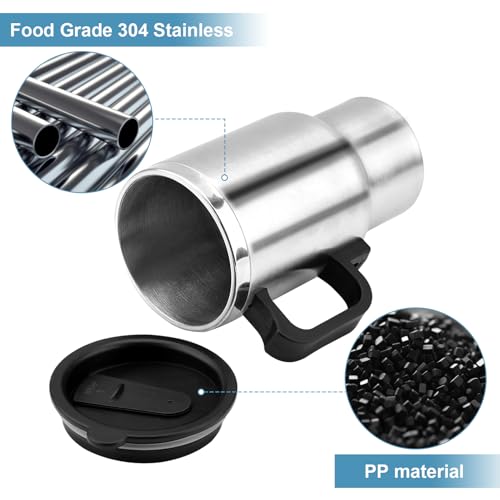 lyrlody Elektroauto-Heizbecher, 450ml Elektrische Wasserkocher für Auto aus Edelstahl, 12 V 60 W Autoheizbecher Wärmer, 65 °C Heiztemperatur, für Camping Reisen