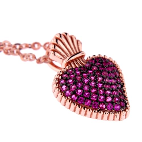 Collier Sacrum Cor coeur votif zircons rubis argent 925 rose pour femme élégante