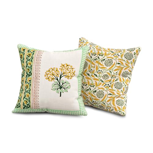 Image of BLOCKS OF INDIA Hand Block Printed Cotton Linen Cushion Cover (16 x 16 inches) (DYE Green Yellow Half)