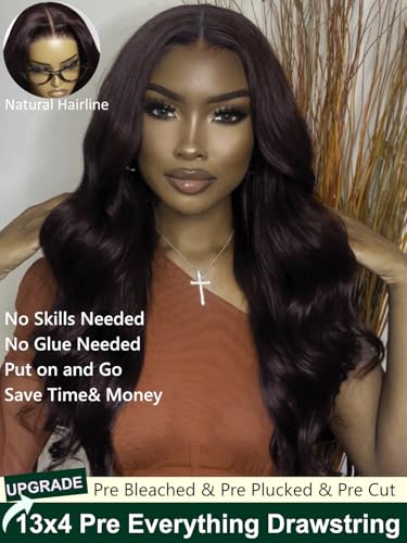 Image of KLAIYI Black Cherry Loose Body Wave Pre Eeverything 13x4 Lace Frontal Wigs Human Hair Bye Bye Knots Glueless Ready to Wear and Go Wig with Face Framing Bangs Drawstring Pre Plucked Burgundy Wig 16Inch