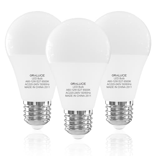 ORALUCE E27 Screw Bulb Cool White 100W Equivalent, 6500K E27 LED Bulb, 12W 1200 Lumen Light Bulb Screw, Non Dimmable，GLS Energy Saving e27 Bulbs for Table Lamp, Floor Lampe, Wall Lamp, Pack of 3