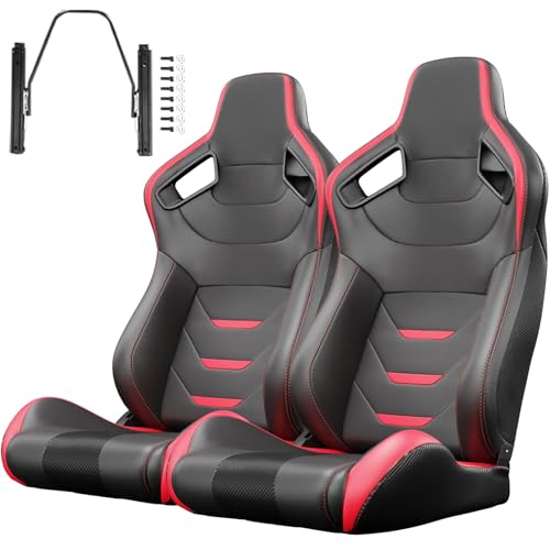 2 Pieces Universal Bucket Racing Seats, PVC Leather Bucket Seats with Dual Sliders, Reclinable Carbon Look for Driver and Passenger Side (Black G)