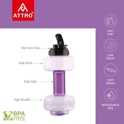 Image of ATTRO Dumbbell Water Bottle 2 Liter Plastic Bottle with Grip Handle Stylish Bottle for Gym Lover BPA Free, Food Grade, Leakproof- Violet