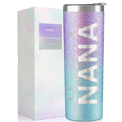 Image of Onebttl Christian Grandma Gifts for Mother's Day, 20oz Purple & Blue Glitter Skinny Tumbler, Straw & Lid Included, Nana Gifts - Blessed Nana