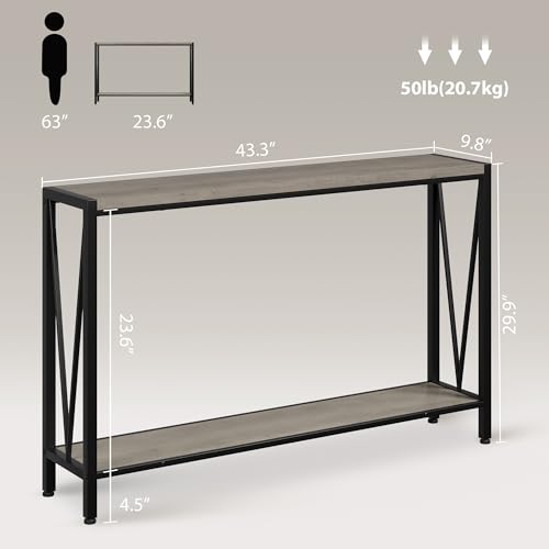 GAOMON Console Table, 2-Tier Entryway Table with Storage, 43" Narrow Sofa Table with V Design, Industrial Console Table for Entryway, Living Room, Hallway, Foyer, Corridor, Office-Grey