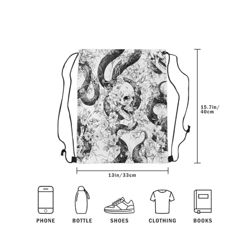 Image of jejeloiu Sugar Skull Drawstring Backpack 13x15.7inch Snake Boho Rose Waterproof Gym Drawstring Bags Gothic Art Sports String Backpack Beach Swim Travel Bag Sackpack