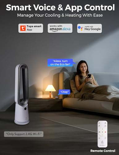 EcoNour Bladeless Hot & Cool Tower Fan | 10 Speed Quiet Airflow, 4 Modes, 15 Min–9 Hrs Timer, 80° Oscillation, 1599 m³/h Airflow, Heats Up to 35°C, Plasma Function, Remote & Alexa Compatible