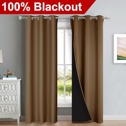 Image of NICETOWN Blackout Curtains 84 inches Long, 2 Pieces, 42 inch Wide Each Panel, Gold Brown, Full Light Blocking Drapes with Black Liner for Nursery, Thermal Insulated Draperies for Hall, Villa