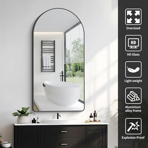 Image of FORBATH Arched Mirror 24x48 Inch, Black Arched Mirror Wall Mounted Modern Black Aluminum Frame Decor Large for Dresser Bedroom Living Room Entryway, Hanging or Leaning Against Wall