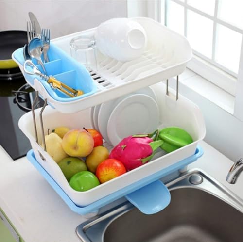 RENARSH Plastic Kitchen 2 Layer Sink Dish Plate Drainer Drying Rack Wash Organizer with Tray Utensil Holder Basket (Blue) - Image 8 thumbnail